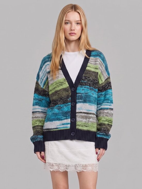 Sweaters - Women's Blue Green Marble Stripe Oversized Knit Cardigan Button Front Y2K